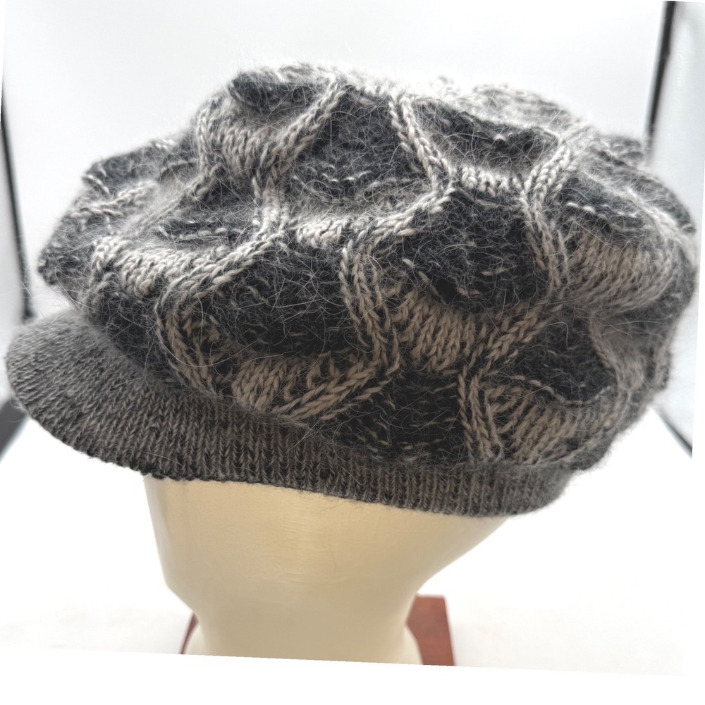 Gray Black Cable Knit Mohair Blend Newsboy Cap Slouchy Beret Hat cozy grannycore
